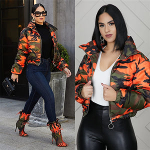 Short Parkas High Collar Full Sleeve Zipper Camouflage