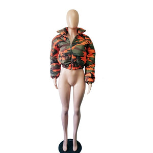 Short Parkas High Collar Full Sleeve Zipper Camouflage