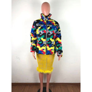 Short Parkas High Collar Full Sleeve Zipper Camouflage